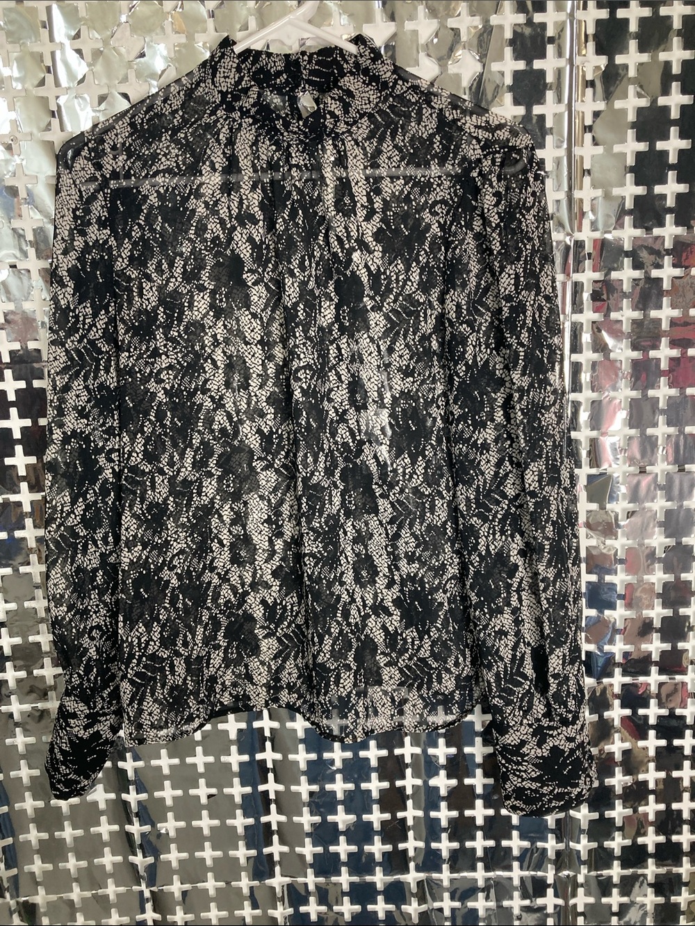 Who What Wear Black Lace-Pattern Long-Sleeve Blouse